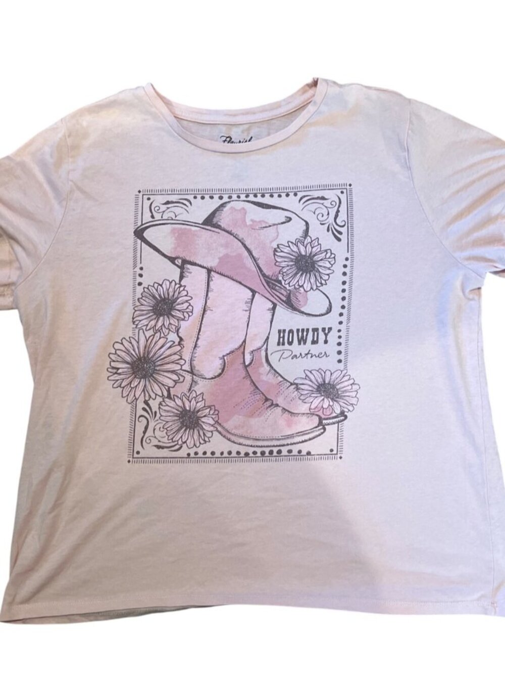 Fleurish Howdy Partner pink cowgirl cap sleeve t shirt XL